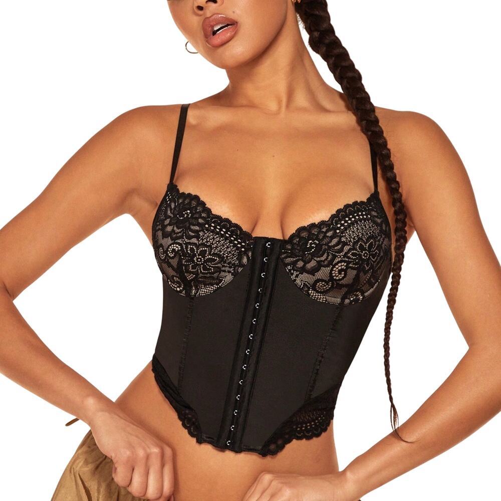 Contrast Lace Hook And Eye Front Cami Top in Black, Size XS​